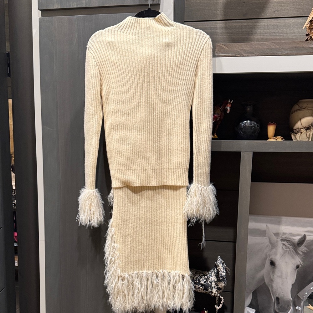 Elegant Cream Skirt and sweater with Feather Trim